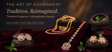 Magizhi gold plated imitation jewellery – AD stone studs, gold chain and tikka displayed on maroon velvet