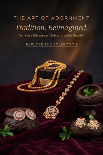 Magizhi gold plated imitation jewellery – AD stone studs, gold chain and tikka displayed on maroon velvet