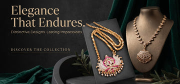 Magizhi gold plated dollar chain with ruby and AD stone pendant and AD stone necklace on display stand