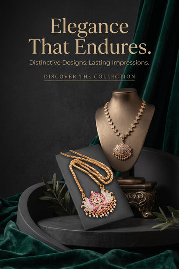 Magizhi gold plated dollar chain with ruby and AD stone pendant and AD stone necklace on display stand